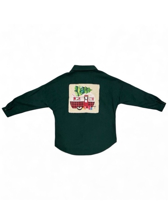 Upcycled Tops - Green Corduroy Button Down with Festive Camper Christmas Tree Design Large
